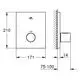 Wandmontierte Grohe Thermostat-Batterie mit rundem Bedienregler und Abmessungen in der Zeichnung. Detailansicht zur Montage an der Wand.