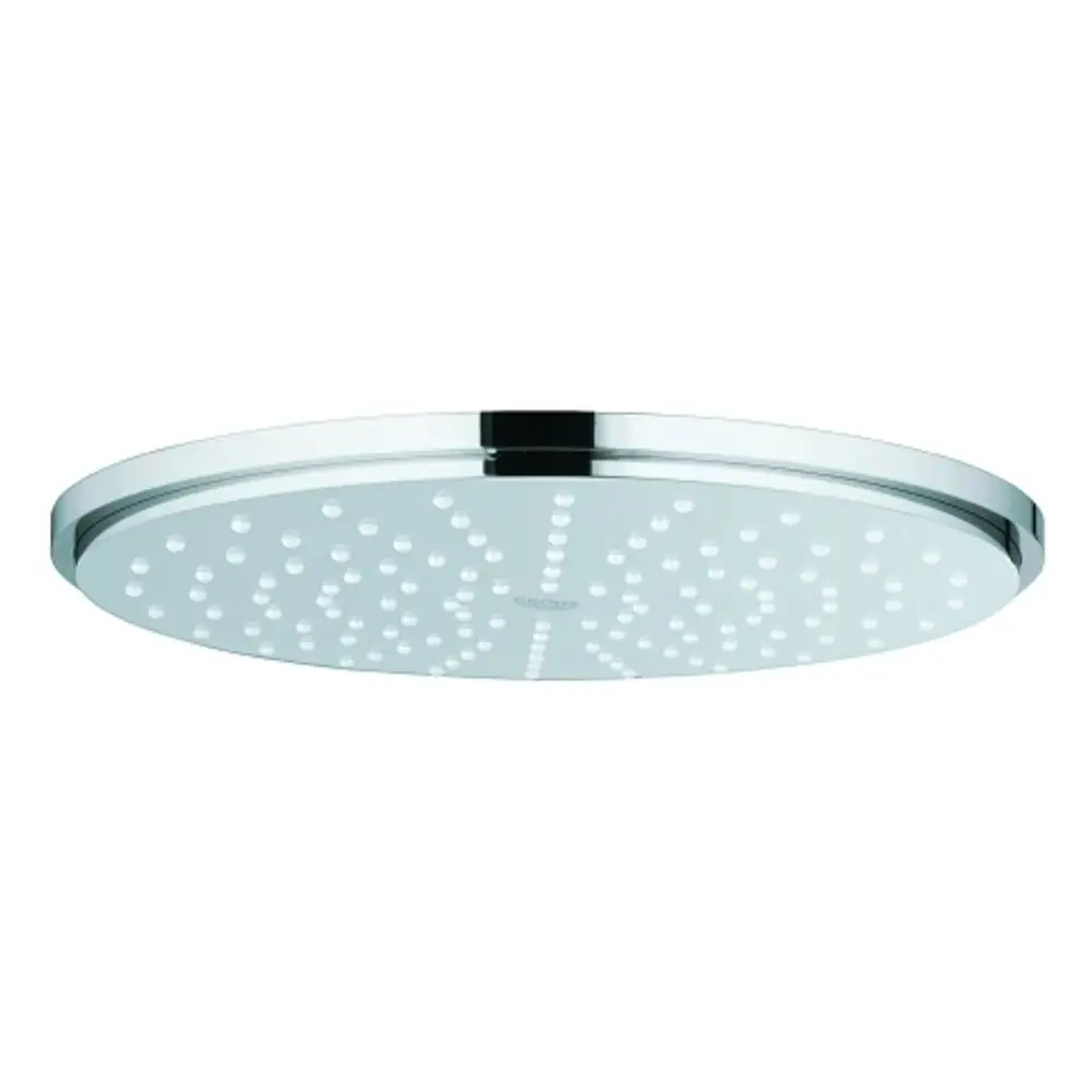 Duschkopf in runder Form mit gleichmäßig verteilten Auslassöffnungen. Glänzende Oberfläche in Chrom von Grohe, geeignet für eine Wandmontage.