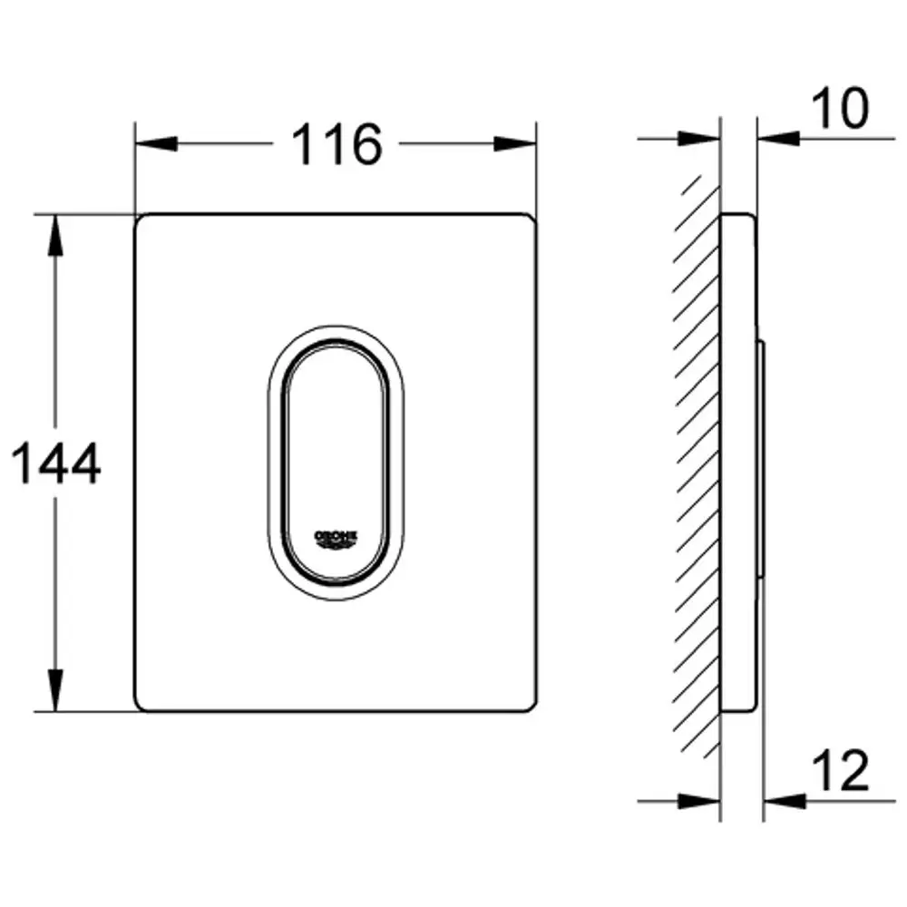 Weißes Betätigungsfeld von Grohe für Urinale, mit ovalem Betätigungsmechanismus in der Mitte. Seitliche Ansicht mit angegebenen Maßen.
