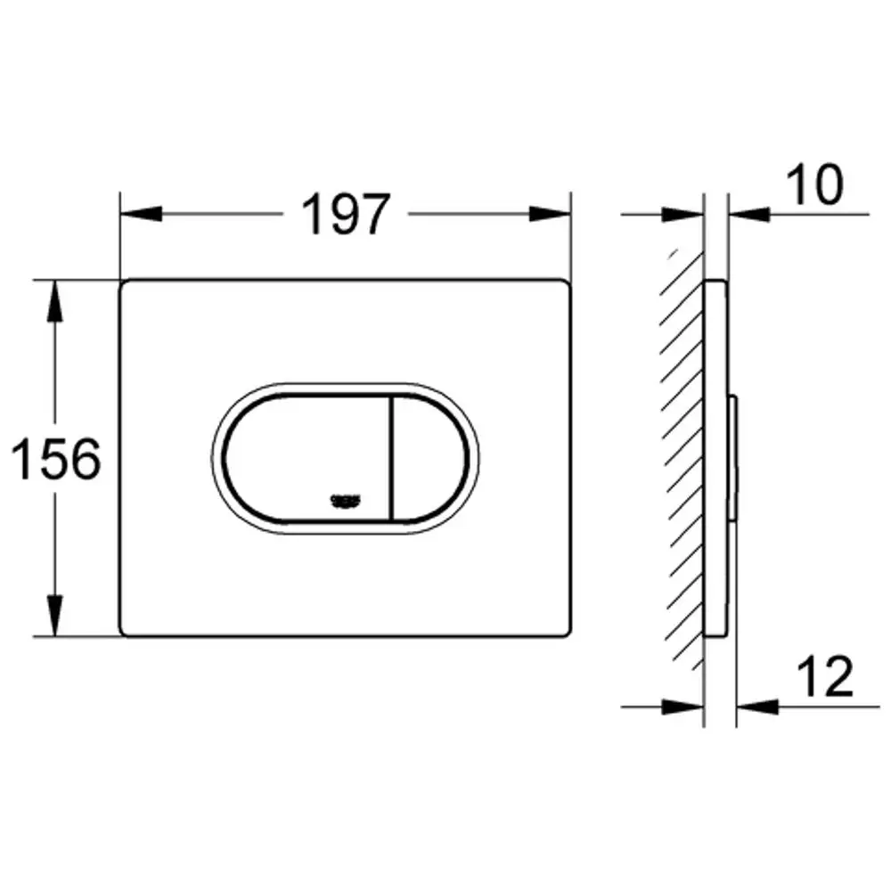 Grohe WC-Betätigung mit ovaler Betätigungstaste, montiert auf einer flachen, rechteckigen Platte. Die Ansicht zeigt die Größenmaße und die Form.