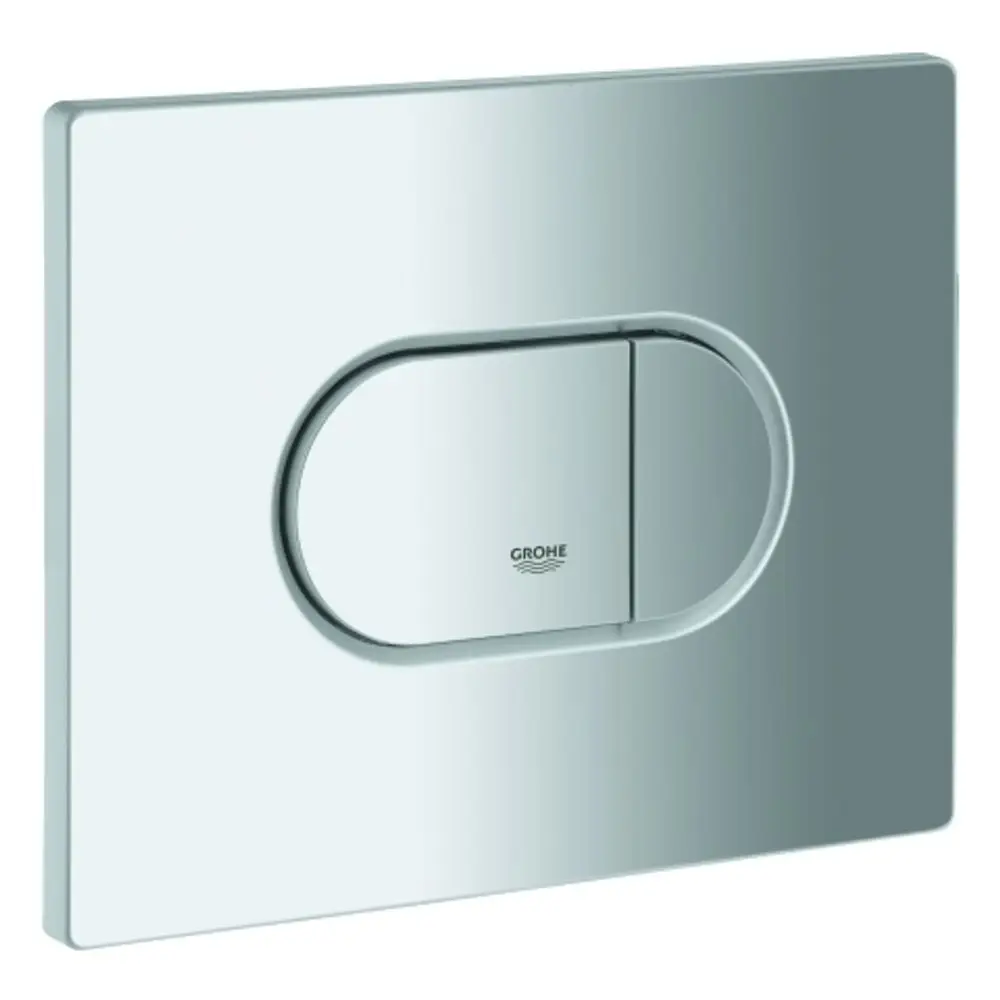 Grohe WC-Betätigung in mattem Chrom, rechteckige Abdeckung mit ovalem Betätigungsknopf, geeignet für waagerechte Montage an der Wand.