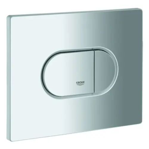 Grohe WC-Betätigung in mattem Chrom, rechteckige Abdeckung mit ovalem Betätigungsknopf, geeignet für waagerechte Montage an der Wand.