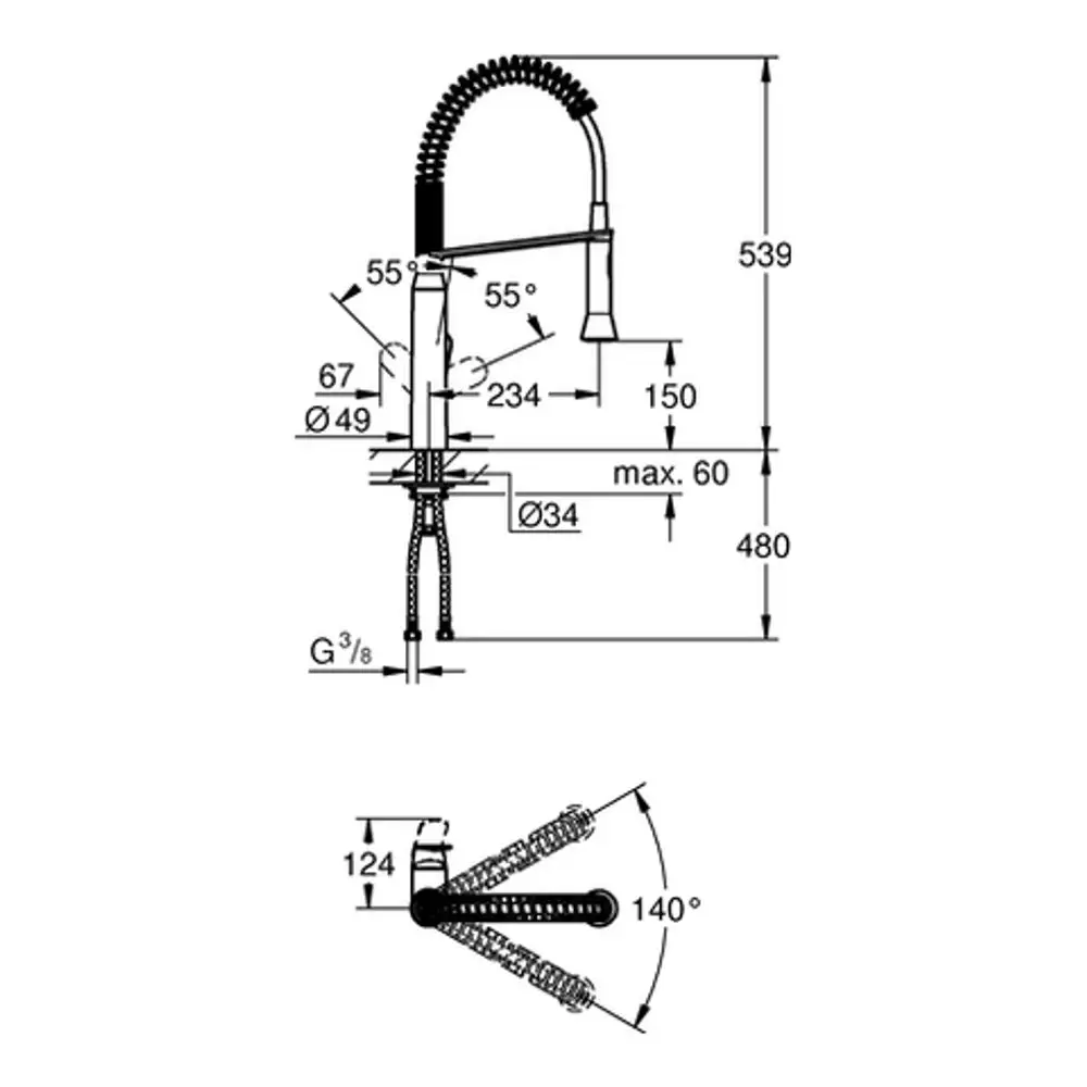 Grohe Spültischbatterie mit einer Dreh- und Spritzfunktion, ausgestattet mit einem flexiblen Schlauch und verschiedenen Maße für die Installation.
