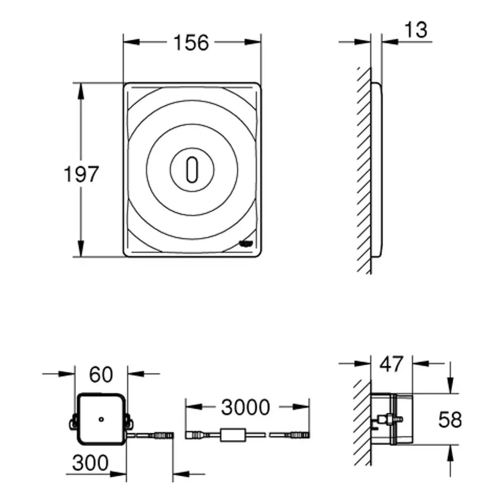Wandmontierte elektronische Steuerung von Grohe mit quadratischem Gehäuse und runder Betätigungsfläche, mit Anschlusskabel für einfache Installation im WC-Spülkasten.