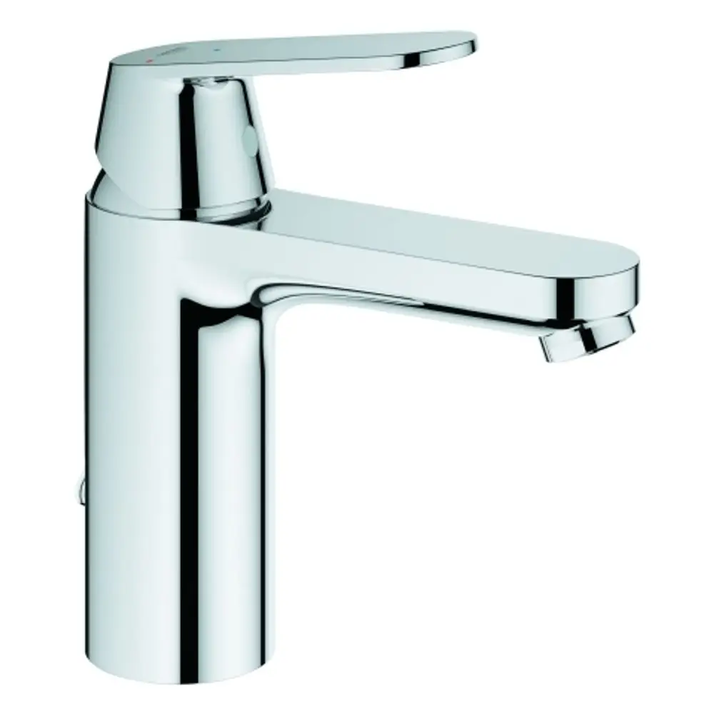 Hochwertige Wasserarmatur von Grohe mit verchromter Oberfläche und einem seitlich angebrachten Hebel zum Regulieren von Warm- und Kaltwasser. Ideal für Waschbecken.