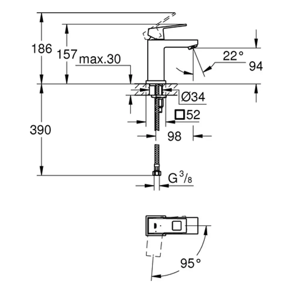 Ein technisches Diagramm einer Grohe Armatur mit detaillierten Maßen und Anschlussinformationen, inklusive Schwenkbereich und Montagevorgaben.
