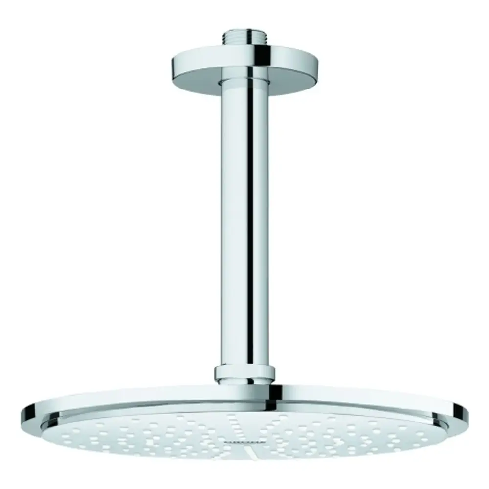 Grohe Kopfbrause mit rundem, flachem Brausekopf und vertikalem Auslassrohr aus Chrom. Das Design ist schlicht und funktional, geeignet für Deckenmontage.