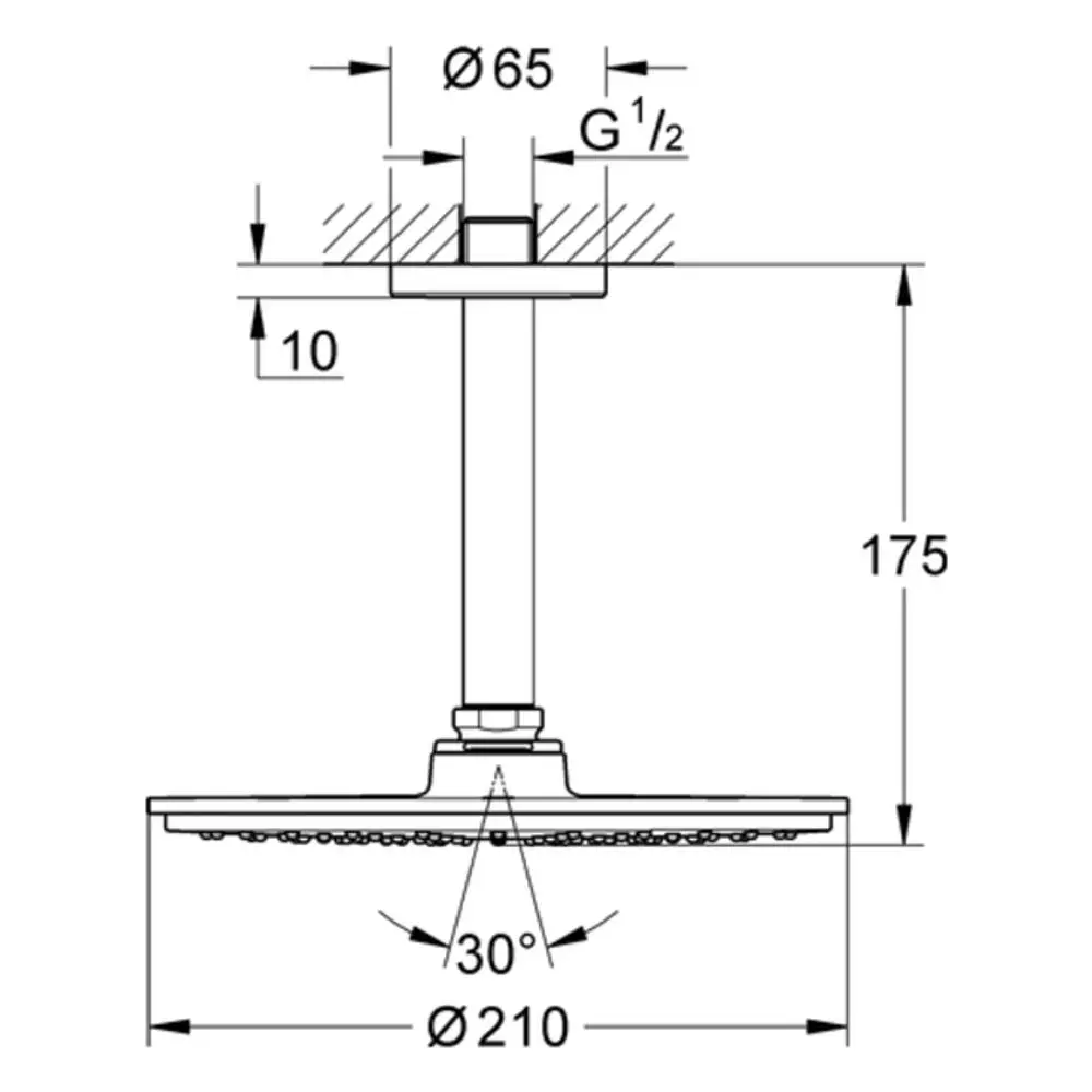 Grohe Kopfbrause mit Deckenauslass, zylindrischem Rohr und rundem Brausekopf. Technische Zeichnung zeigt Maße und Anschlussdetails.