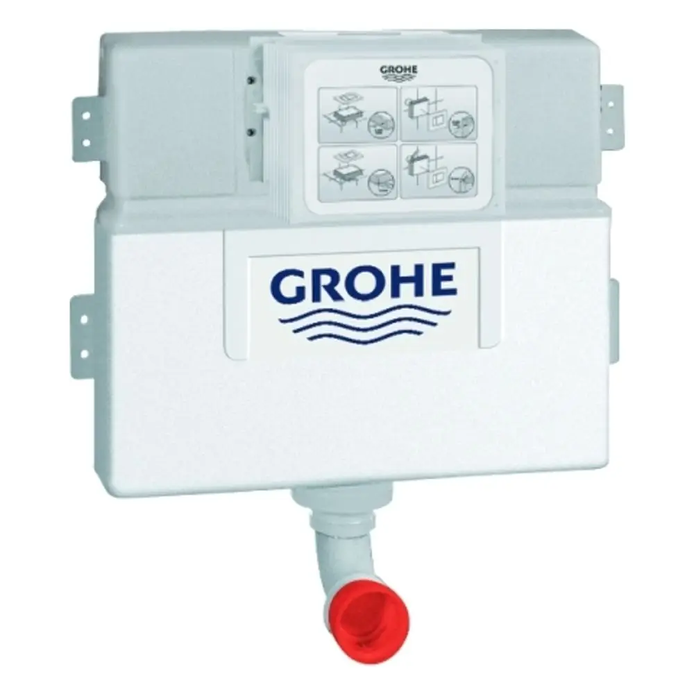 GROHE Spülkasten in weißer Ausführung mit Montageanleitung auf der Vorderseite und einem Abgangsstutzen in rot. Geeignet für Wandmontage.