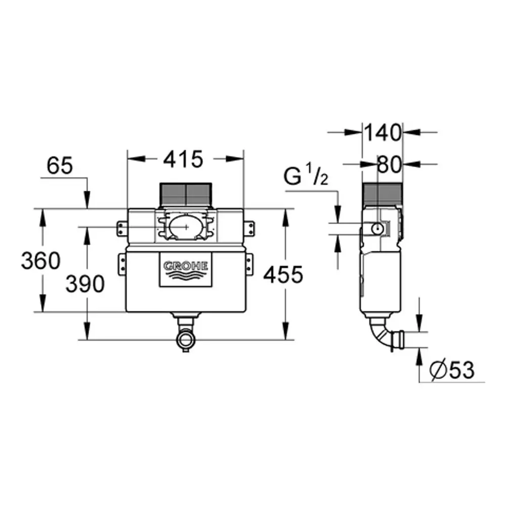 GROHE Spülkasten, Sichtansicht mit technischen Maßen. Abmessungen und Anschlussdetails sind klar abgebildet. Konstruktion für Wandmontage.