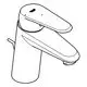 Einhand-Waschtischbatterie von Grohe mit einem schlanken, modernen Design und einem lang gezogenen Auslauf. Der Hebel zur Steuerung befindet sich an der Seite.