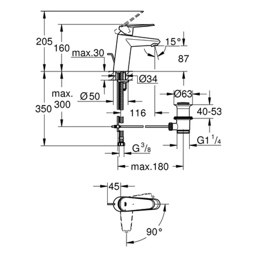 Grohe Einhand-Waschtischbatterie mit flexibler Wasserzufuhr und Abmessungen zur Montage. Sichtbare Teile umfassen einen Hebel, einen Wasserhahn und eine Verbindung zu einem Ablauf.