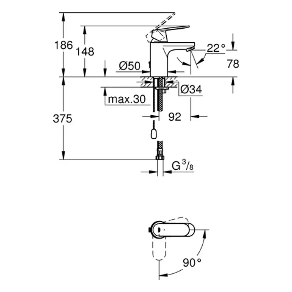 Grohe Waschbeckenarmatur mit einer schwenkbaren Kette und einem Hebel, der in einem kompakten Design angeordnet ist, ideal für moderne Badezimmerinstallationen.