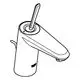 Ein grober, chromfarbener Wasserhahn von Grohe mit einem langen Hebel und einem einfachen, funktionalen Design für den Waschtisch.