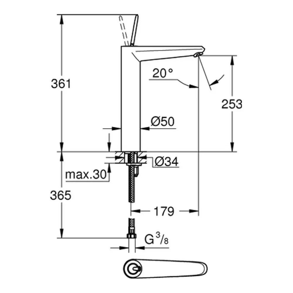 Grohe Wasserhahngriff mit einer vertikalen Montage, einer Joystick-Bedienung und einem modernen Design. Maße und Anschlüsse sind im technischen Zeichnungsformat abgebildet.