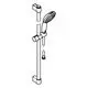 Grohe Brausestangenset mit Handbrause und Schlauch, montiert an einer vertikalen Stange, mit Halterung und Wandbefestigung, in chromfarbener Ausführung.