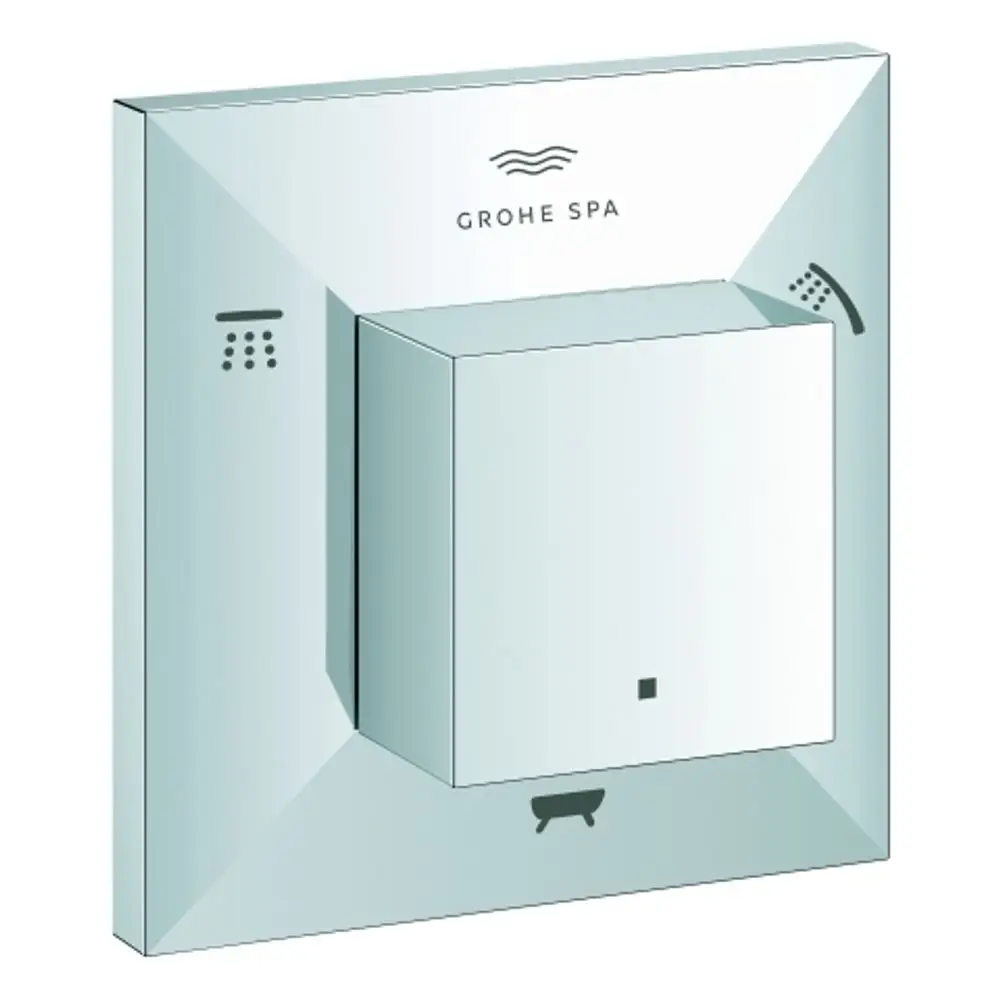 Wandmontierte Steuerungseinheit von Grohe mit einem quadratischen panel und Bedienelement für die Umstellung verschiedener Wasserströme.
