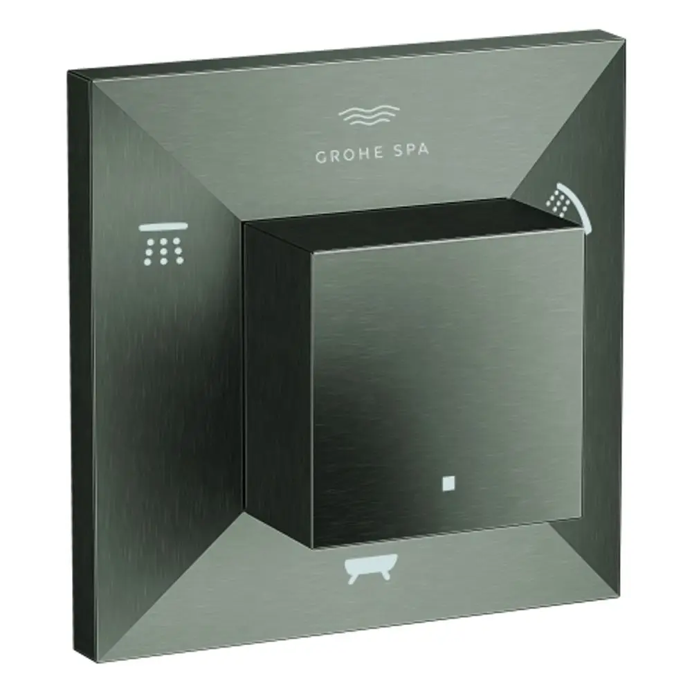Wandmounted Armatur von Grohe mit einer quadratischen Oberfläche in gebürstetem Hartgraphit. Anzeigesymbole für Dusche und Badewanne sind erkennbar.