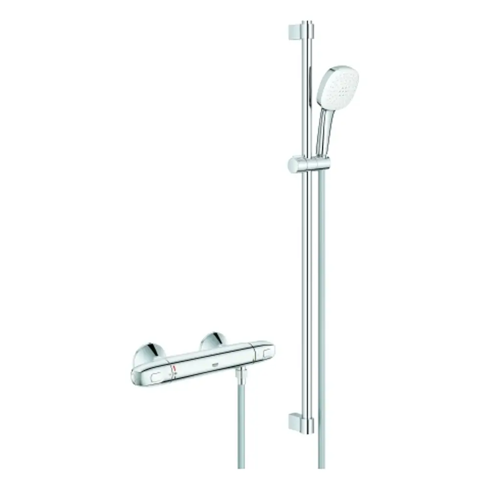 Grohe-Brausebatterie mit Handbrause und Halter, chromfarben, montiert an einer Wand. Enthält eine Schlauchverbindung und regulierbare Temperatur- und Wassermenge.