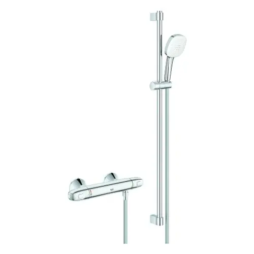Grohe-Brausebatterie mit Handbrause und Halter, chromfarben, montiert an einer Wand. Enthält eine Schlauchverbindung und regulierbare Temperatur- und Wassermenge.