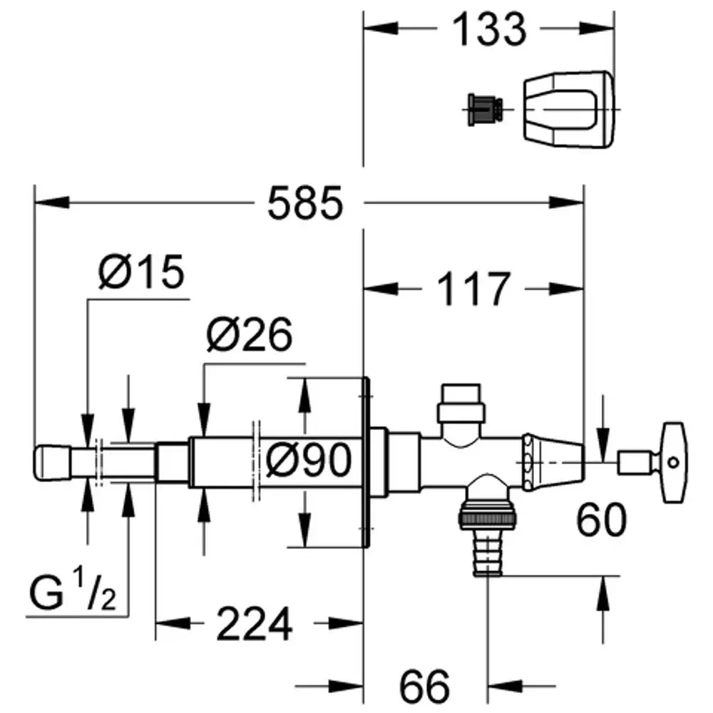 GROHE Außenwandventil in einer schematischen Darstellung mit verschiedenen Durchmessern und Maßen, geeignet für den Anschluss an Wasserleitungen.