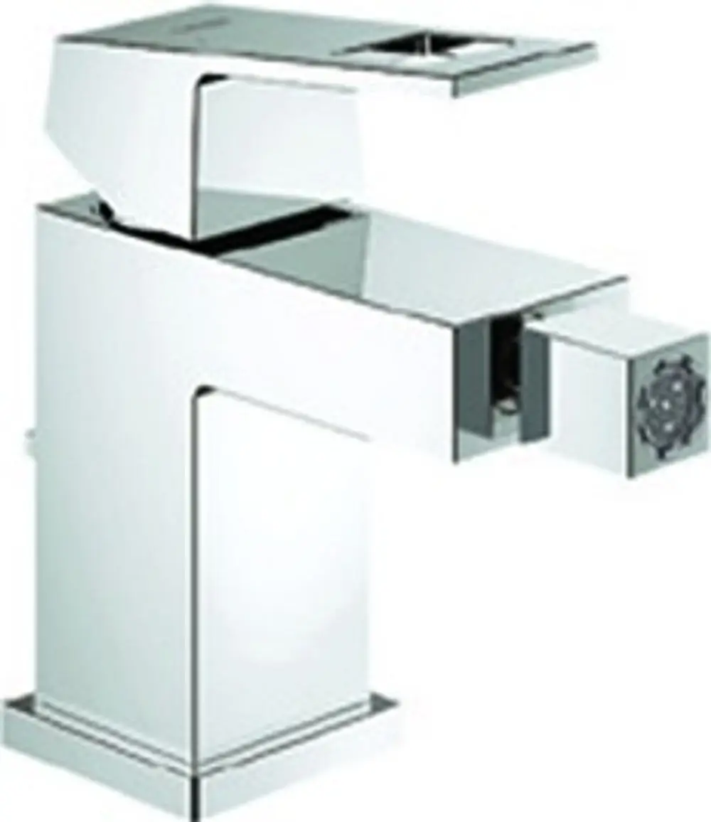 Grohe-Bidetarmatur mit quadratischem Design und verchromter Oberfläche, ausgestattet mit Zugstangen-Ablaufgarnitur.