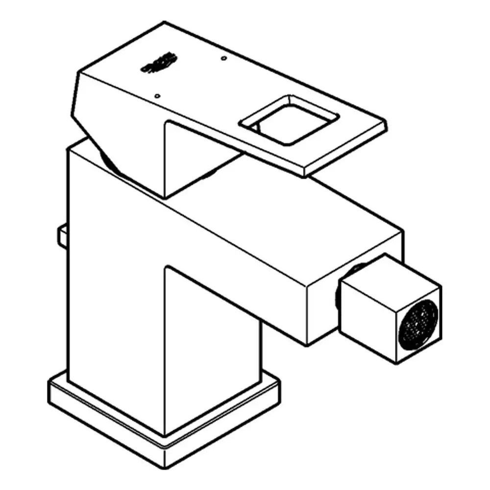 Bidetarmatur von Grohe mit einem rechteckigen Design und einer Zugstangen-Ablaufgarnitur. Die Oberfläche ist chromfarben und glatt gestaltet.