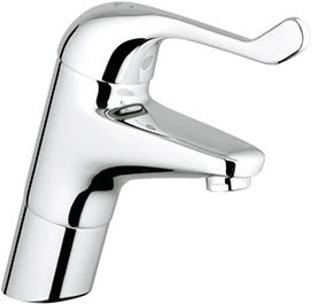 Chromfarbener Wasserhahn von Grohe mit einem einstufigen Bedienhebel. Der Körper hat eine glatte Oberfläche und ist für eine effiziente Wasserregulierung konzipiert.