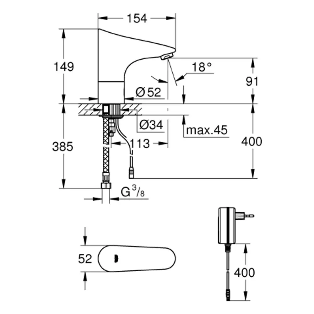 Grohe Infrarot-Wasserspender mit einem modernen, gebogenen Design und einem chromfarbenen Finish, dargestellt mit technischen Abmessungen und Anschlussdetails.