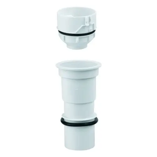 Zwei Teile eines weißen Grohe-Adapters, bestehend aus einem oberen und einem unteren Abschnitt, mit Dichtungselement sichtbar.