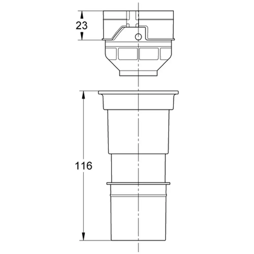 Technisches Diagramm eines Grohe-Adapters, bestehend aus zwei Teilen mit vertikalen und horizontalen Maßelementen, ohne spezifische Produktdetails.