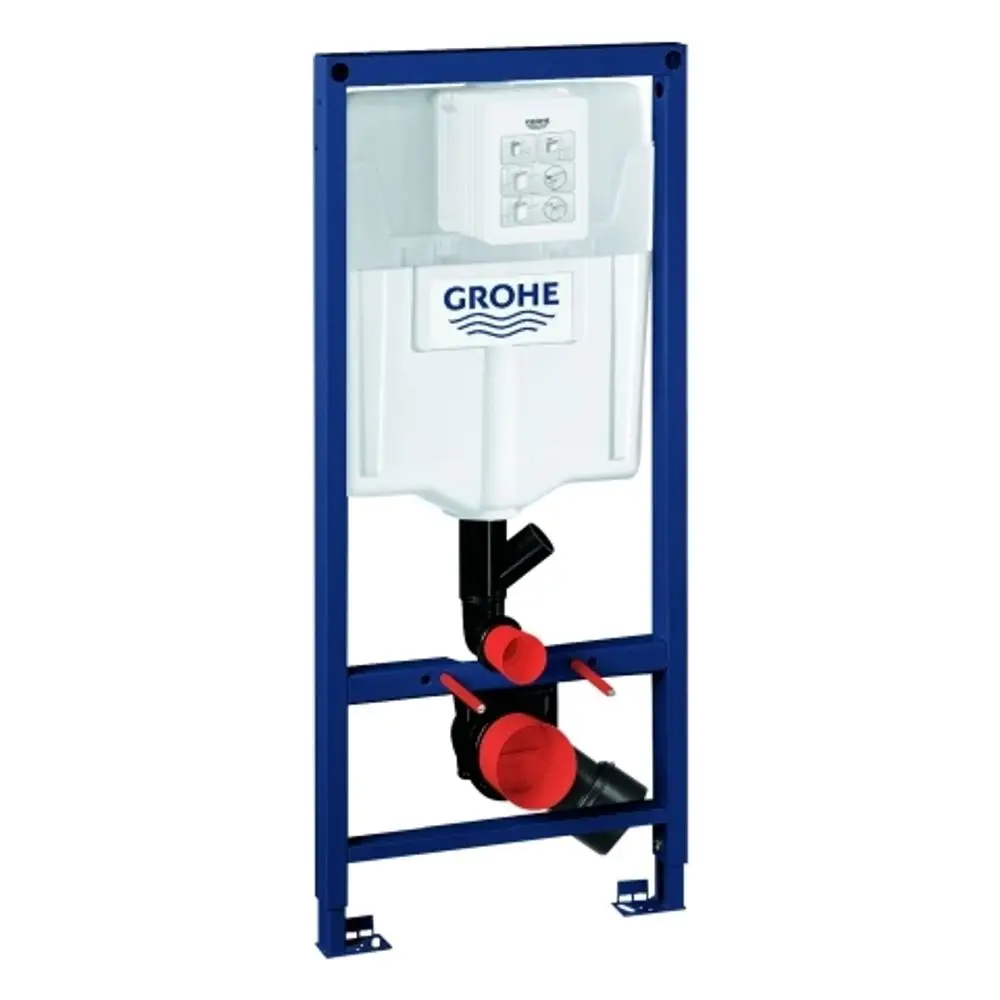 Wandmontiertes Grohe WC-Element mit integriertem Spülrohr und Anschlüssen für externe Geruchsabsaugung; klare Struktur mit sichtbarem Tank und Steuerungselementen.