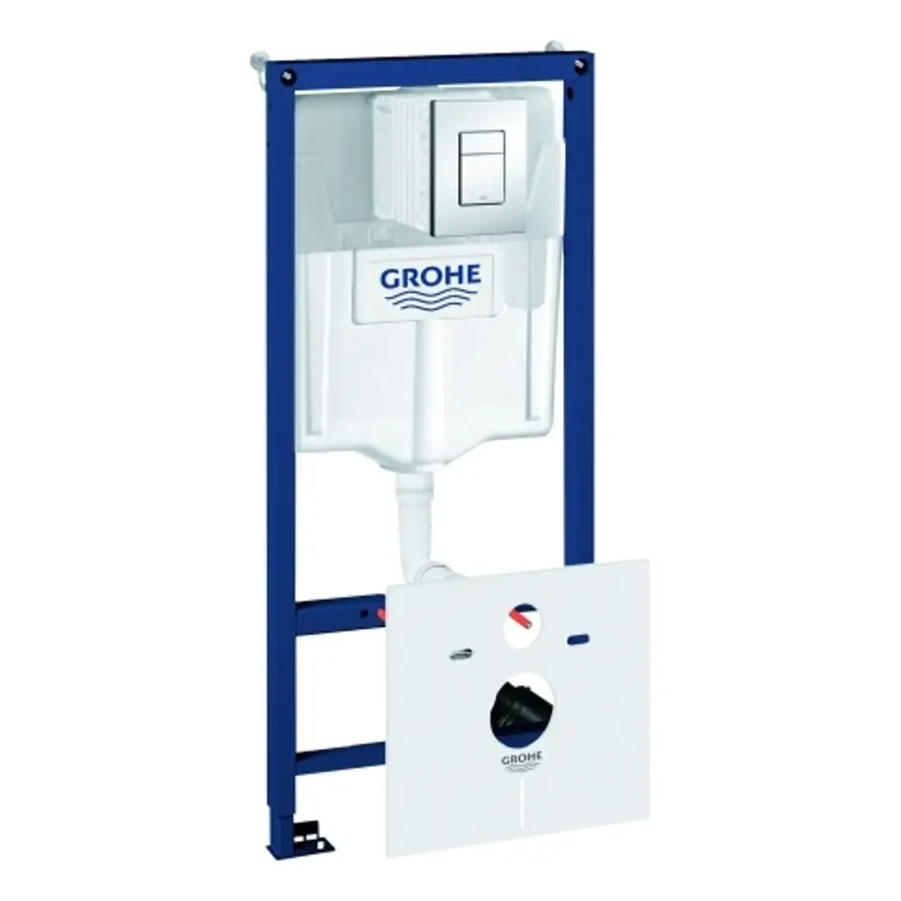 GROHE WC-Vorwandinstallation mit eingebautem Spülkasten und Betätigungsplatte. Struktur aus blauem Metallrahmen, montierbar für WC in Vorwand- oder Ständerwänden.