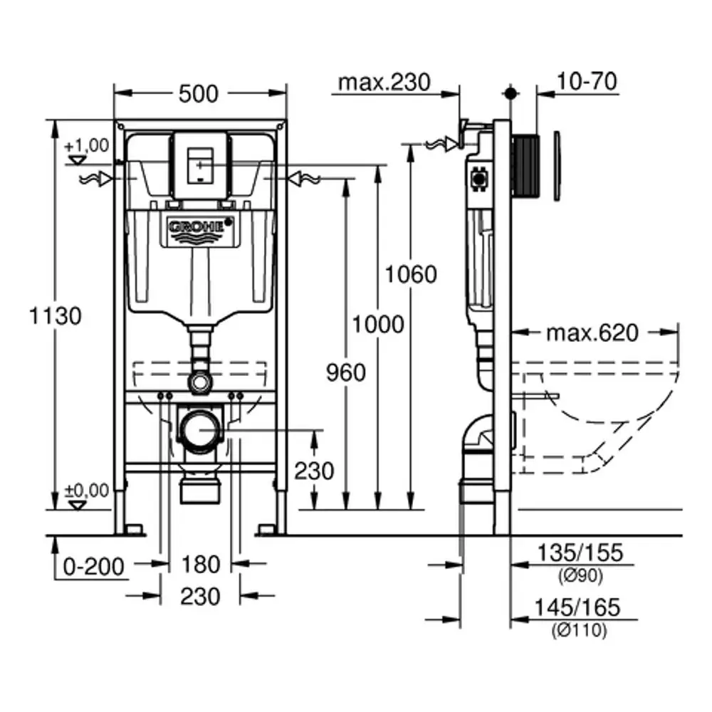 Montageanleitung mit Maßzeichnungen für ein Grohe WC-Duschsystem, einschließlich Höhen- und Längenangaben sowie Anschlussdetails für die Installation.