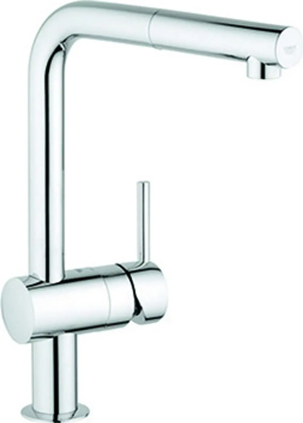 Einchromierte Einhand-Spültischbatterie von Grohe mit L-Auslauf und Niederdruckanschluss. Kompakte Bauweise mit seitlichem Hebel zur Temperaturregulierung.