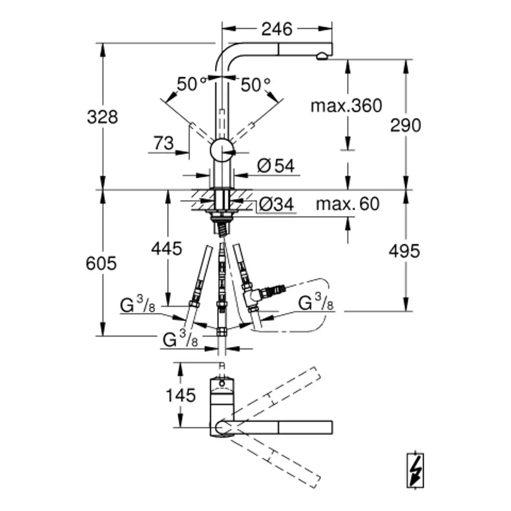 Grohe Einhand-Spültischbatterie mit L-Auslauf, dargestellt in technischer Zeichnung, zeigt Maße und Anschlüsse mit genauen Winkeln und Durchmessern.