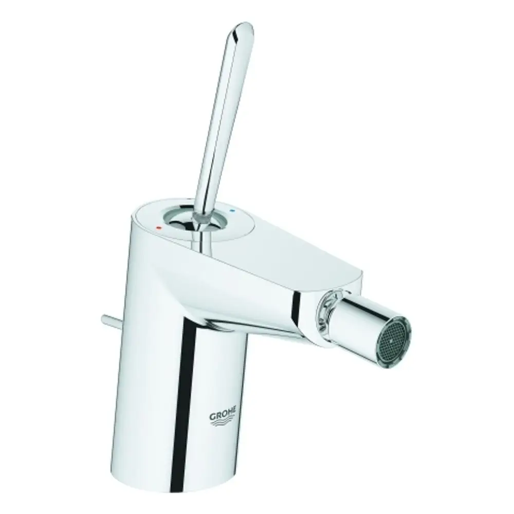 Chromfarbener Wandbatteriearm mit joystickartiger Bedienung von Grohe, geeignet für die Einlochmontage. Der Auslauf hat ein integriertes Sieb für den Wasserfluss.