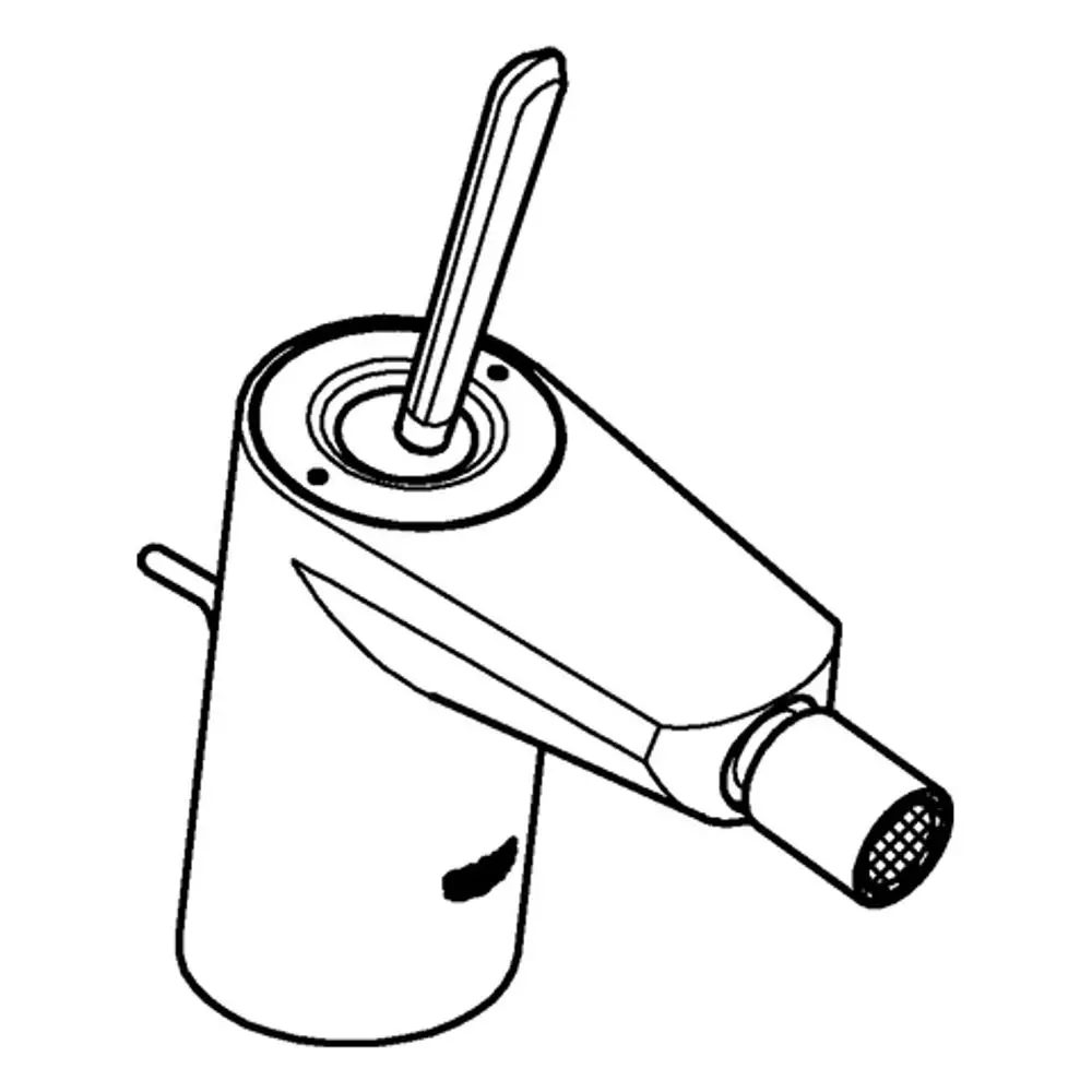 Grohe Wasserhahn mit einem langen Hebel und runder Auslaufdüse, montiert auf einem zylindrischen Körper. Verfügt über eine seitliche Abgangsöffnung.