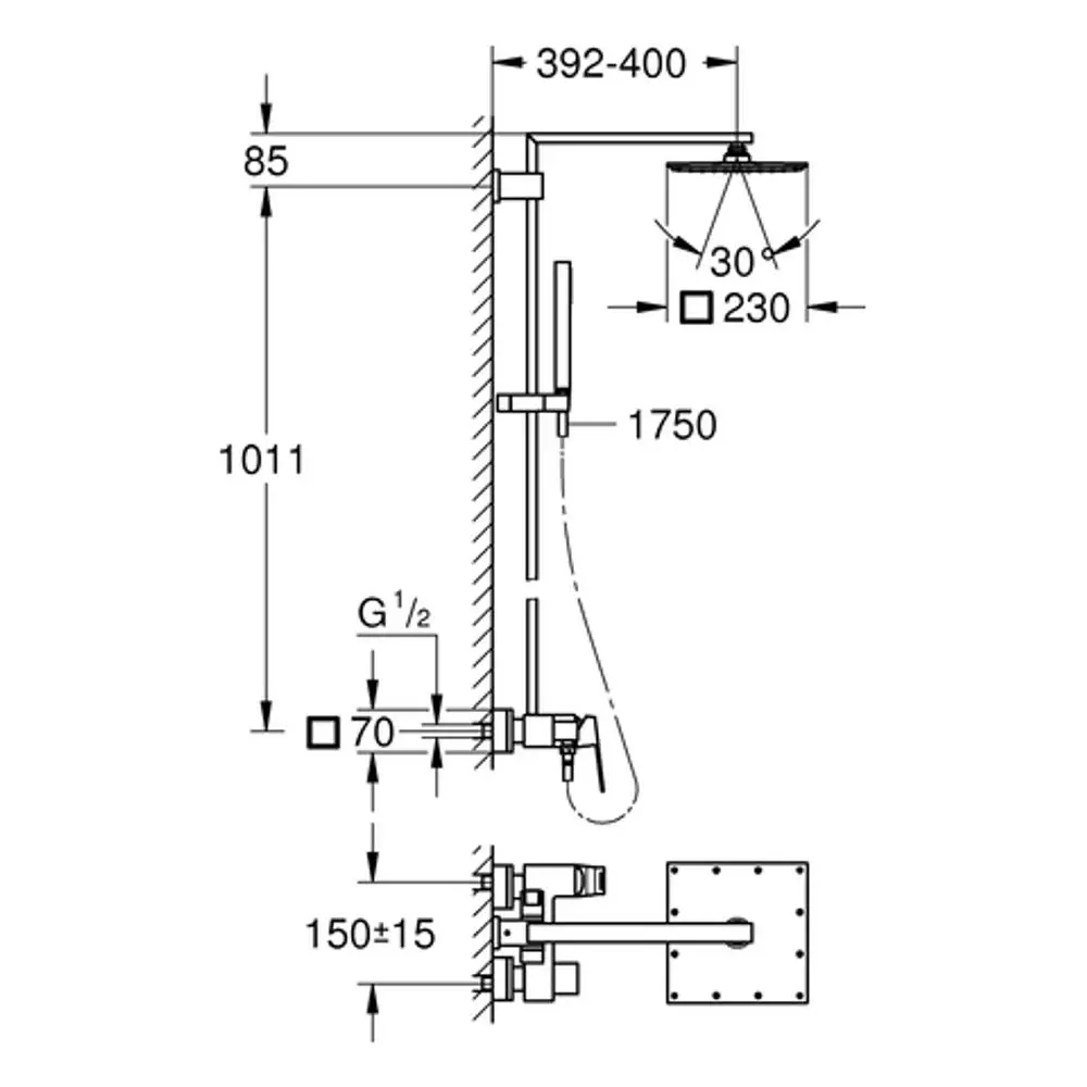 Grohe Duschsystem mit einem Oberteil und einem Einhandmischer. Die Montagehöhe sowie Dimensionen sind im technischen Diagramm dargestellt.