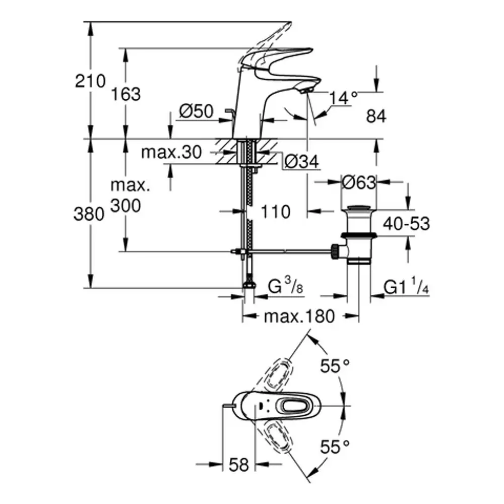 GROHE Waschbeckenarmatur mit einem modernen Design, Abmessungen und Anschlussdetails sind schematisch dargestellt. Die Zeichnung zeigt die Höhen- und Anschlussmaße.