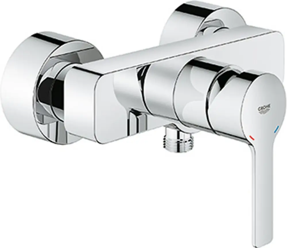 Wandmontierte Grohe Brausebatterie aus verchromtem Material mit einem Hebel zur Regulierung von Wasserfluss und -temperatur.