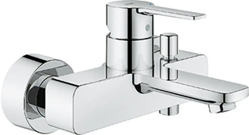 Wannenbatterie von Grohe in verchromtem Design zur Wandmontage mit einem Hebel zum Regulierens des Wasserflusses. Kompakte Bauform mit klaren Linien.