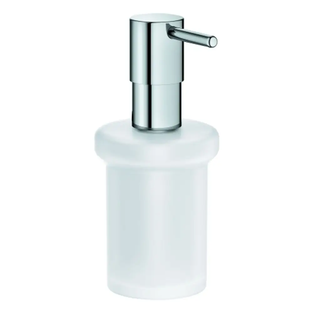 Seifenspender mit hochglänzendem Chrom-Auslauf und opakem, weißem Behälter. Grohe-Logo nicht sichtbar. Geeignet für Badezimmer oder Küchenanwendung.