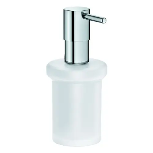 Seifenspender mit hochglänzendem Chrom-Auslauf und opakem, weißem Behälter. Grohe-Logo nicht sichtbar. Geeignet für Badezimmer oder Küchenanwendung.