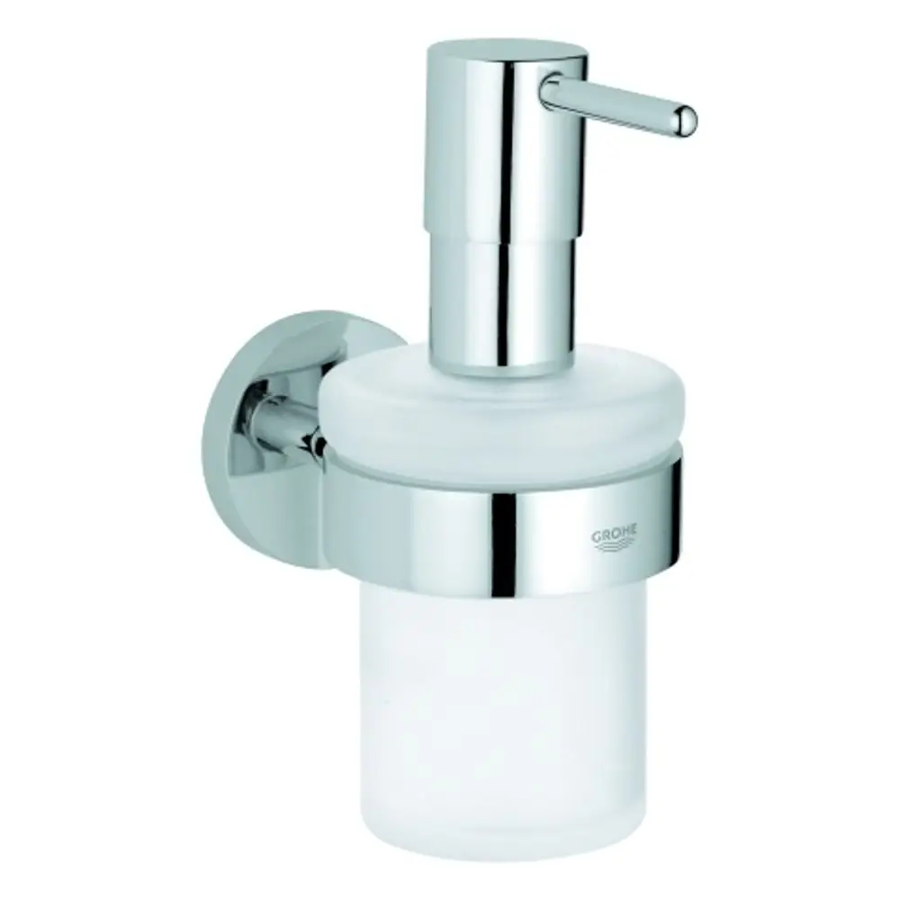 Seifenspender mit Halterung in chrom von Grohe, mit einem transparenten Glasbehälter und einem pumpbaren Spenderkopf, zur Wandmontage geeignet.