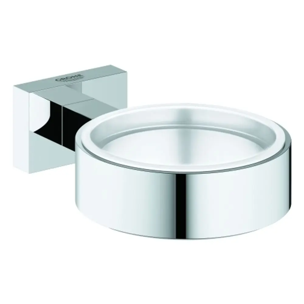 Wandhalterung in glänzendem Chrom von Grohe, rund mit flacher Form, geeignet für Becher, Seifenschale oder Seifenspender, montiert an quadratischem Block.