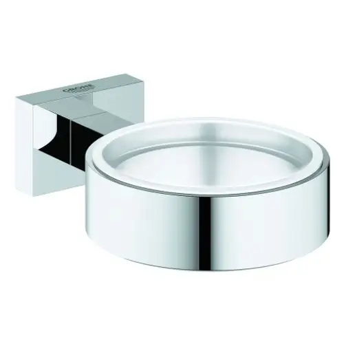 Wandhalterung in glänzendem Chrom von Grohe, rund mit flacher Form, geeignet für Becher, Seifenschale oder Seifenspender, montiert an quadratischem Block.