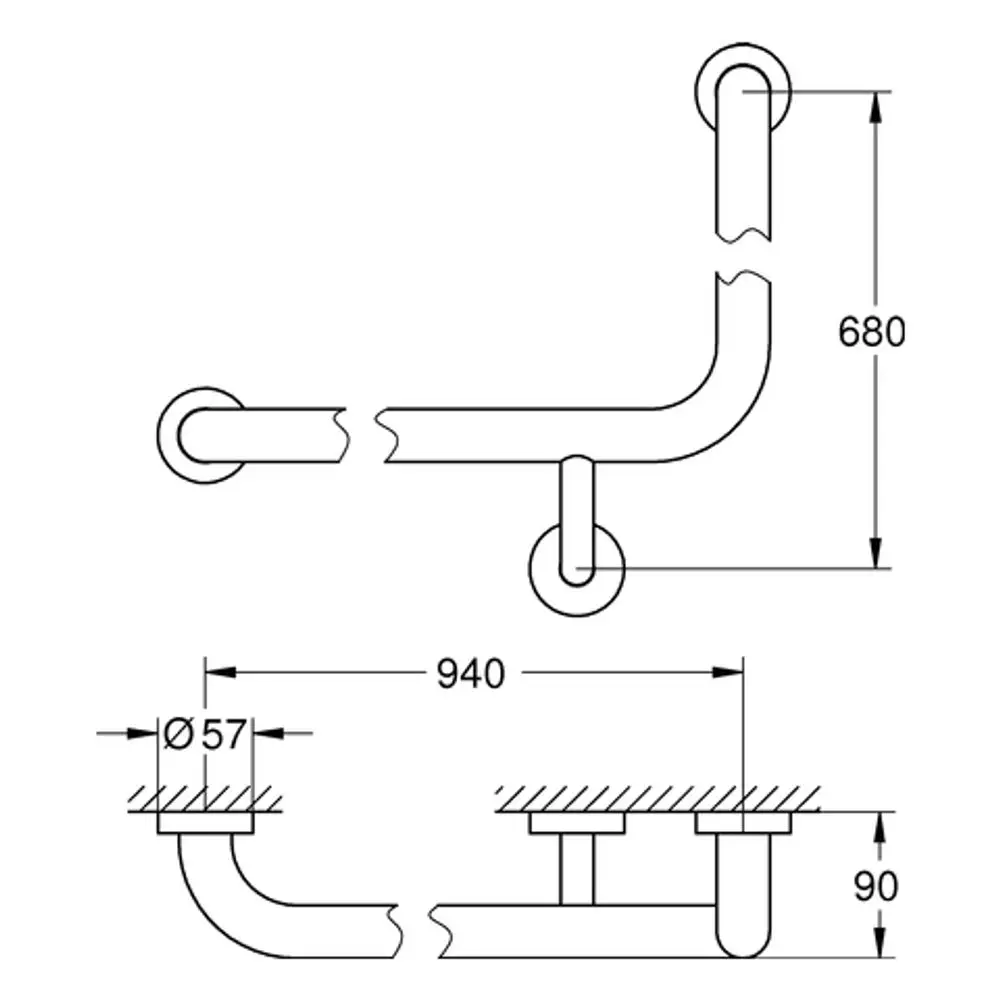 Grohe Wannengriff in L-Form mit zwei Verbindungselementen. Das Design zeigt eine klare Linienführung und eine einfache Struktur zur Wandmontage.