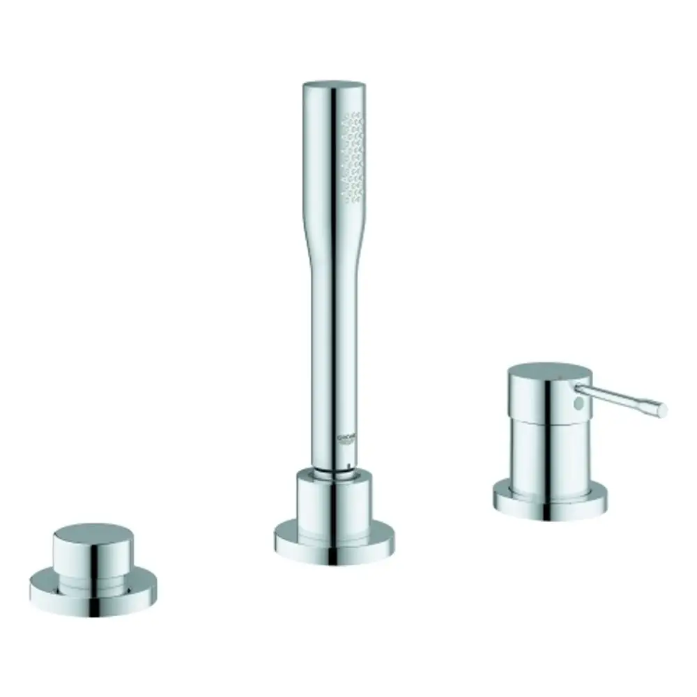 Grohe 3-Loch-Wannenkombination mit Handbrause, bestehend aus einem schlanken Auslauf und zwei Bedienungselementen, alles in verchromtem Finish.