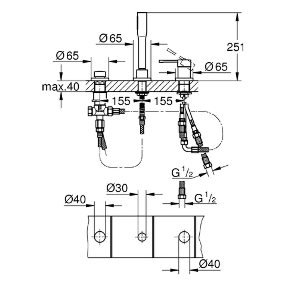 Konstruktionszeichnung eines Grohe 3-Loch-Wannenzusatzgeräts mit Handbrause. Enthält Maße, Anschlussdetails und Montageanweisungen für die Installation.